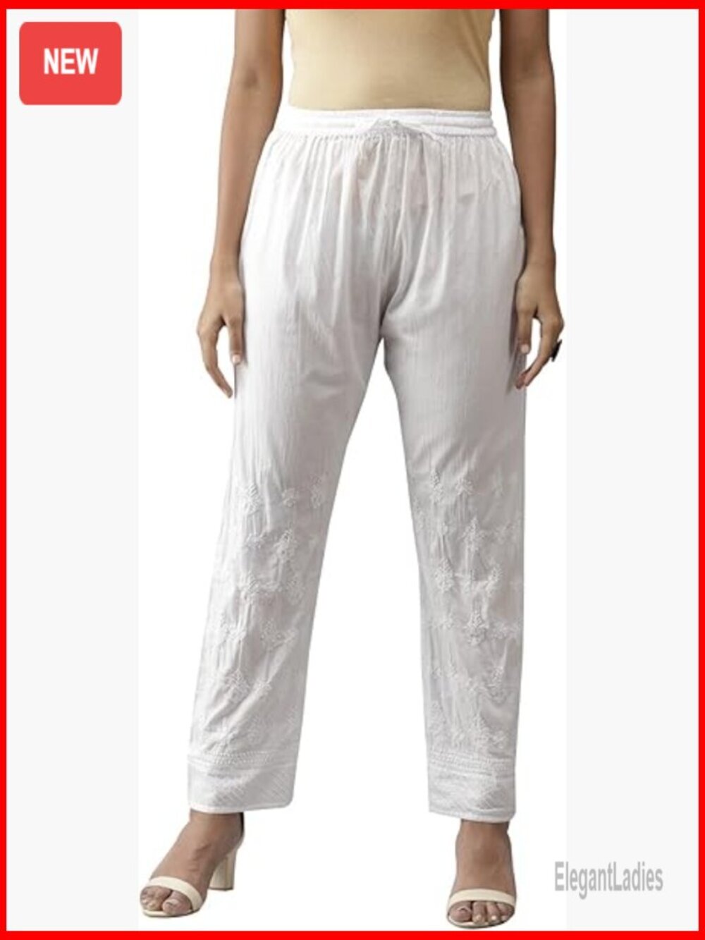 Hand Embroidered Chikankari Cotton Palazzo Pants Women's 38 Inch Length